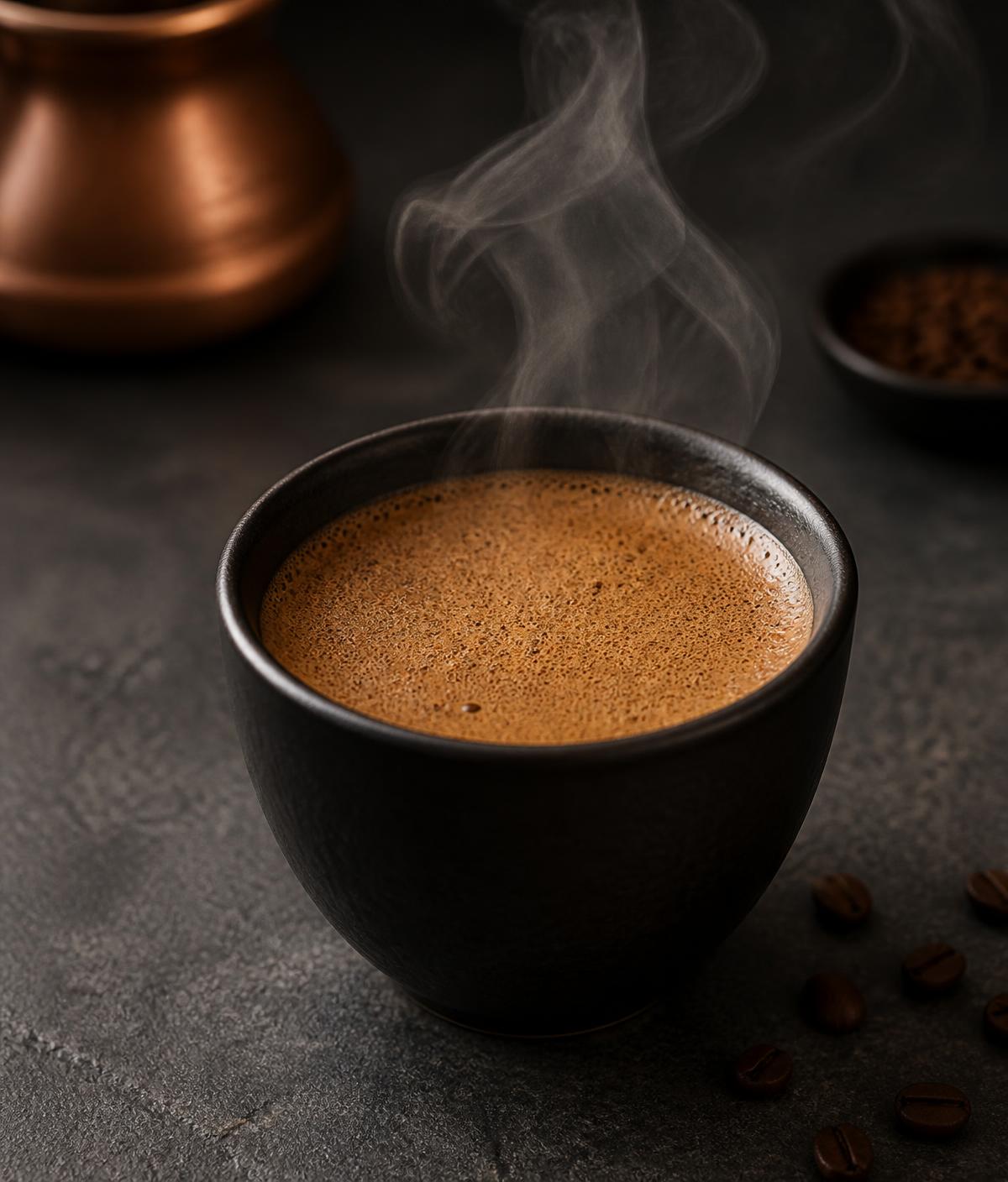 A dark ceramic cupping bowl of freshly brewed Nigerian Arabica